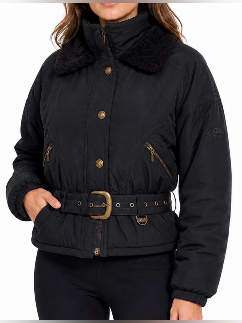Nils Vintage 90s Black Puffer Ski Jacket Faux Fur Belted Size 12P